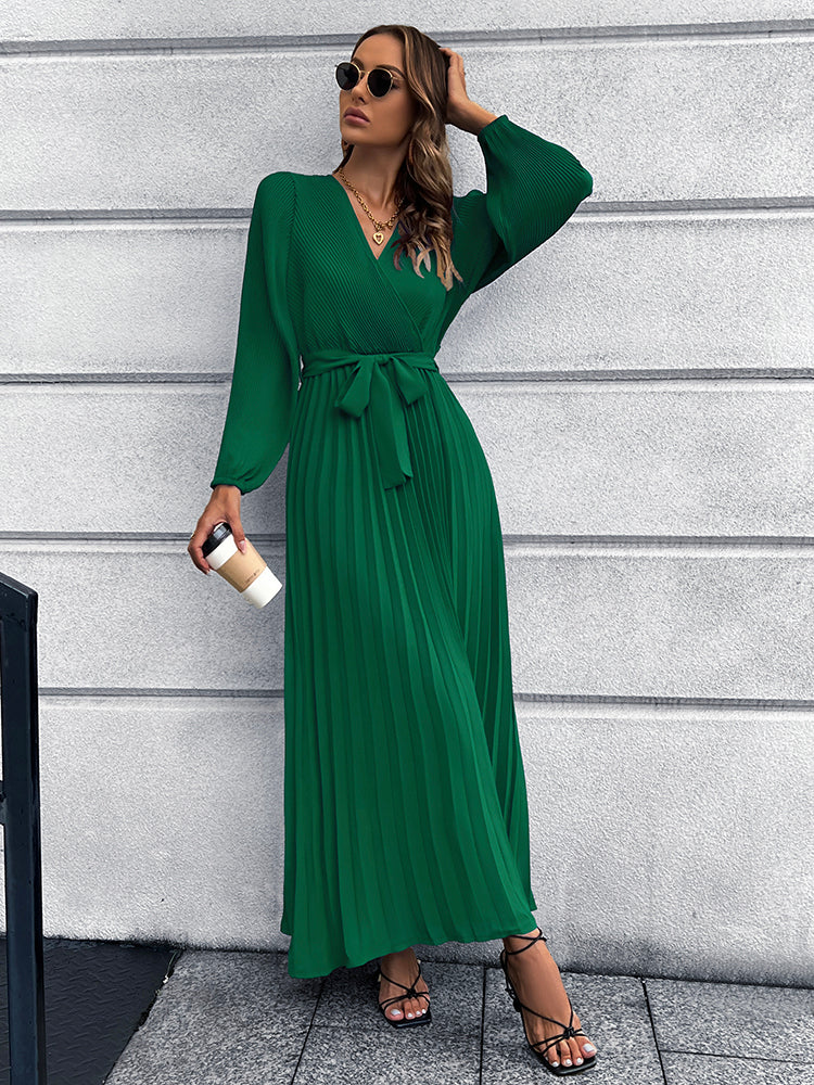 V-Neck Tie Waist Pleated Maxi Dress | Sweet Ankle Midi Pleated Maxi Dress