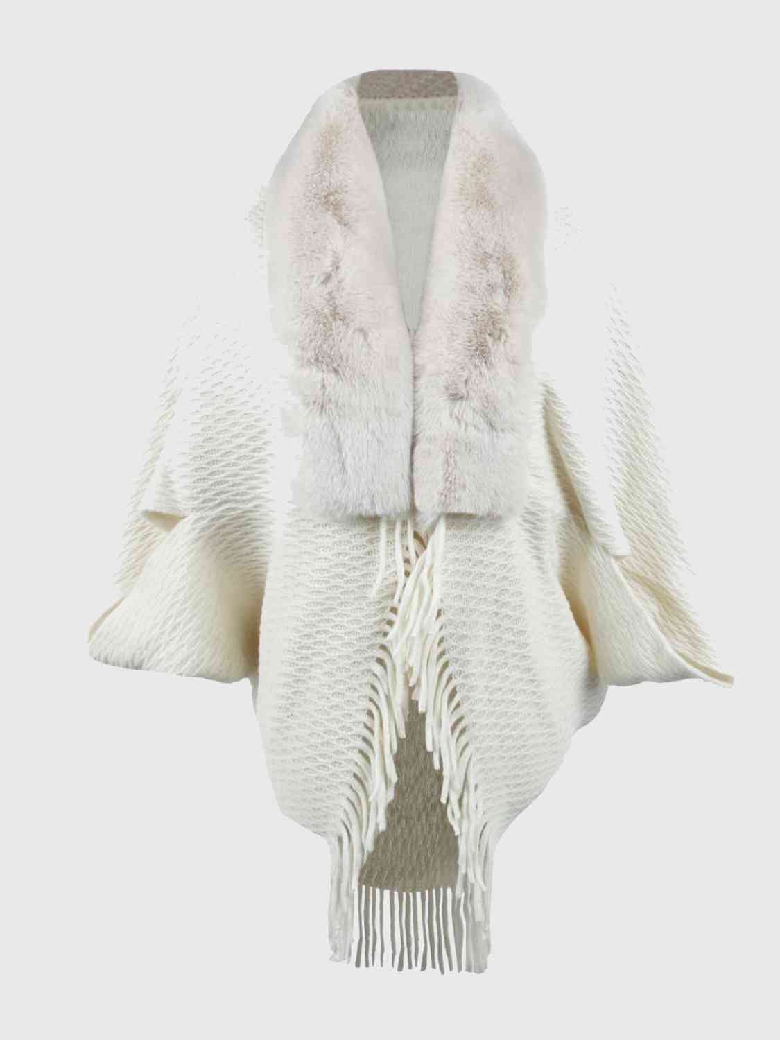 Open Front Fringe Hem Poncho | Casual Solid Fur Stretchy Polyester Poncho