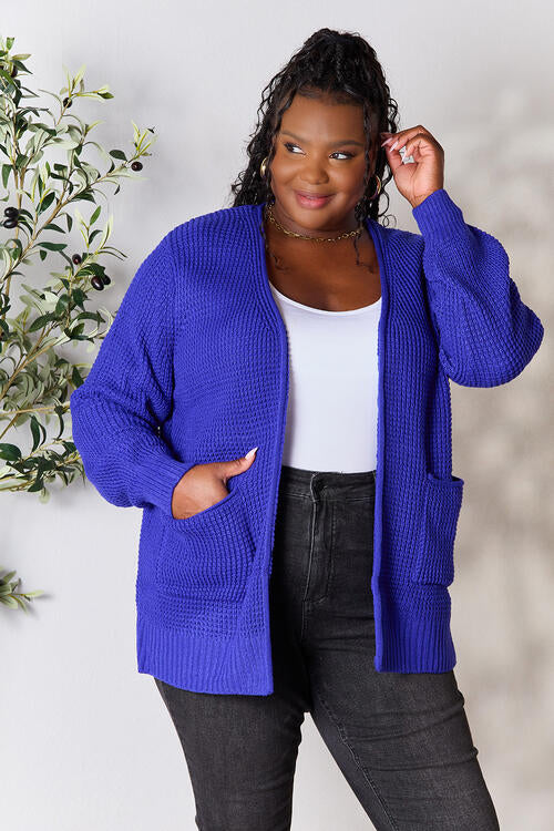 Zenana Full Size Waffle-Knit Open Front Cardigan | Acrylic Pocketed Cardigan