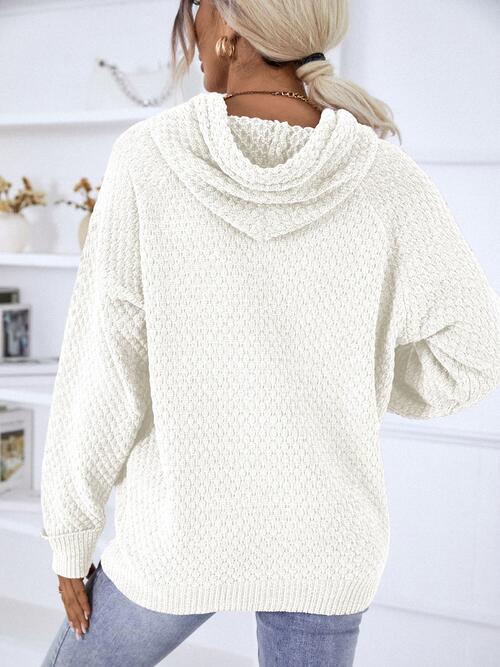 Texture Drawstring Long Sleeve Hooded Sweater | Solid Sweater With Ribbed Cuffs