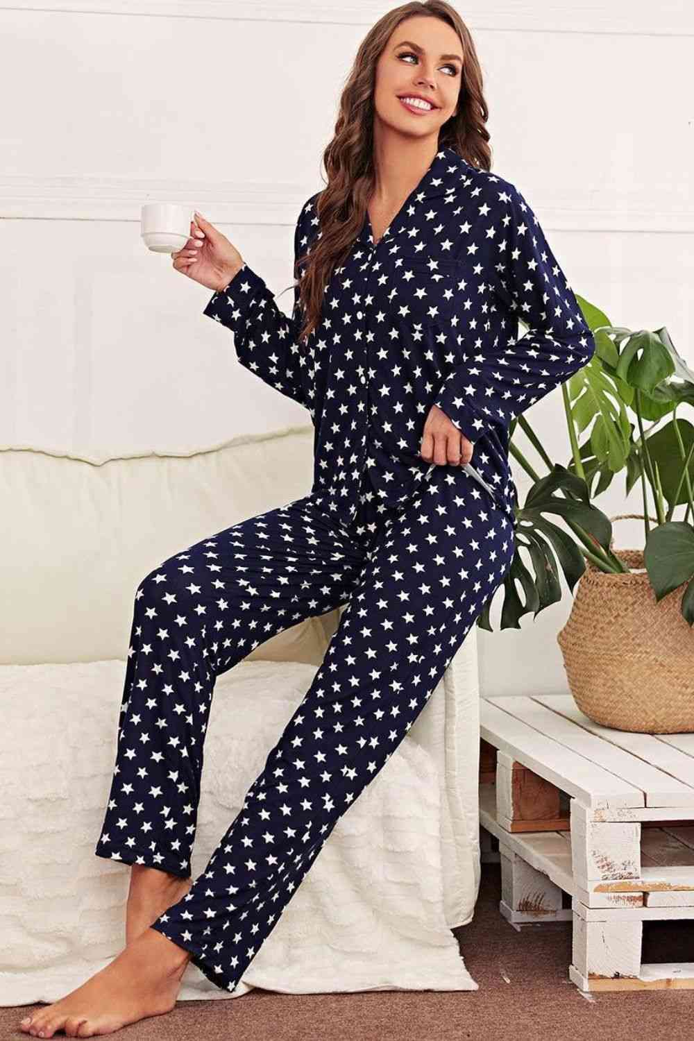 Star Print Button-Up Shirt and Pants Lounge Set | Polyester Stretchy Set