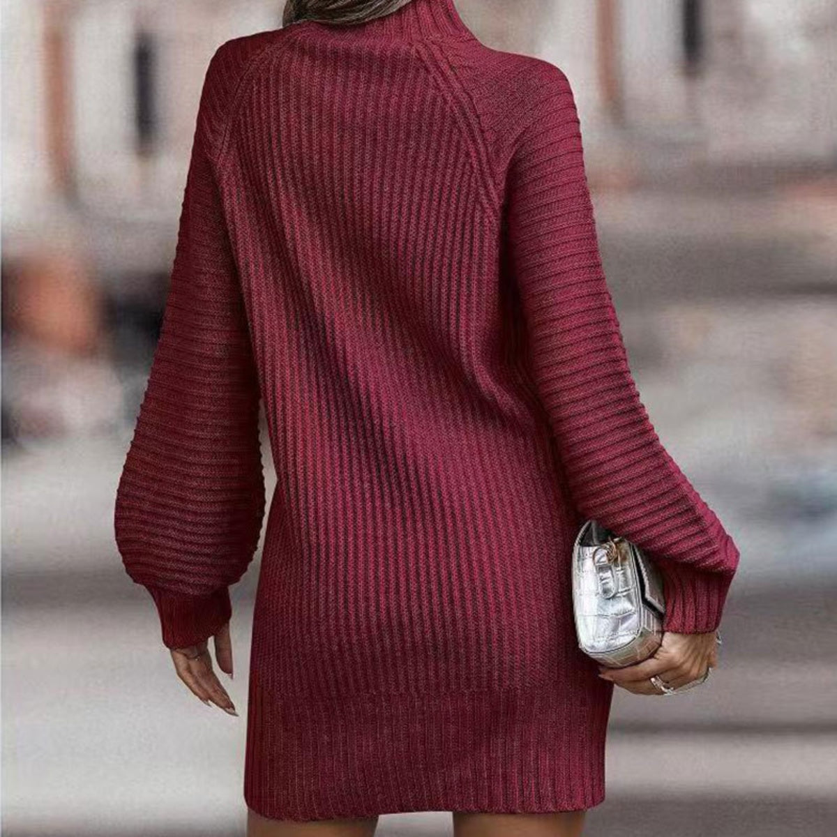 Mock Neck Lantern Sleeve Sweater Dress | Casual Polyester Mini Sweater Dress