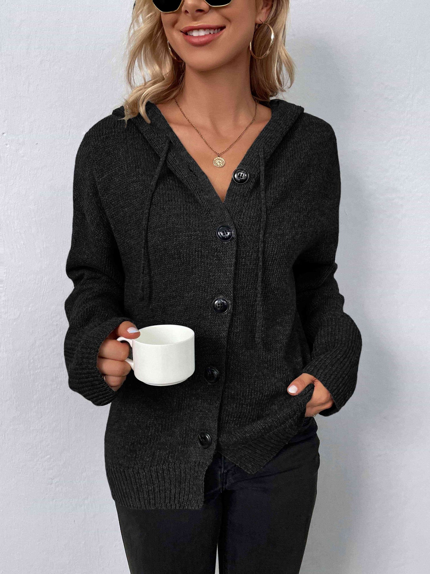 Button-Down Long Sleeve Hooded Sweater | Solid Sweater With Ribbed Cuffs