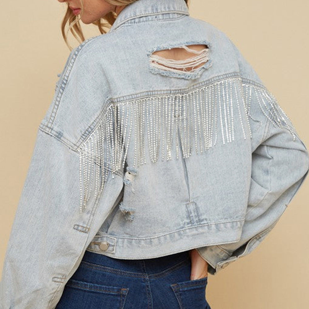 Distressed Fringe Trim Denim Jacket