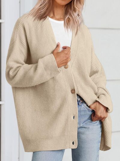 Button Up Long Sleeve Cardigan | Casual Drop Shoulder Polyester Cardigan