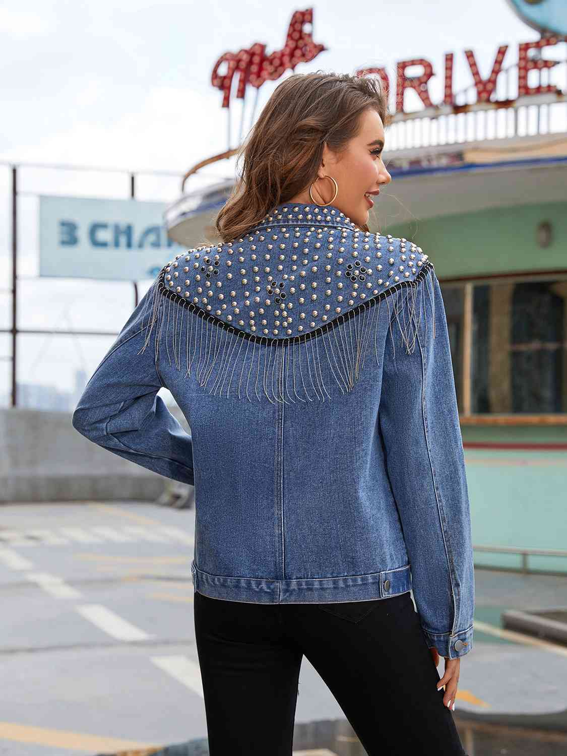 Studded Fringe Button Down Denim Jacket | Decorated Fitted Casual Jacket