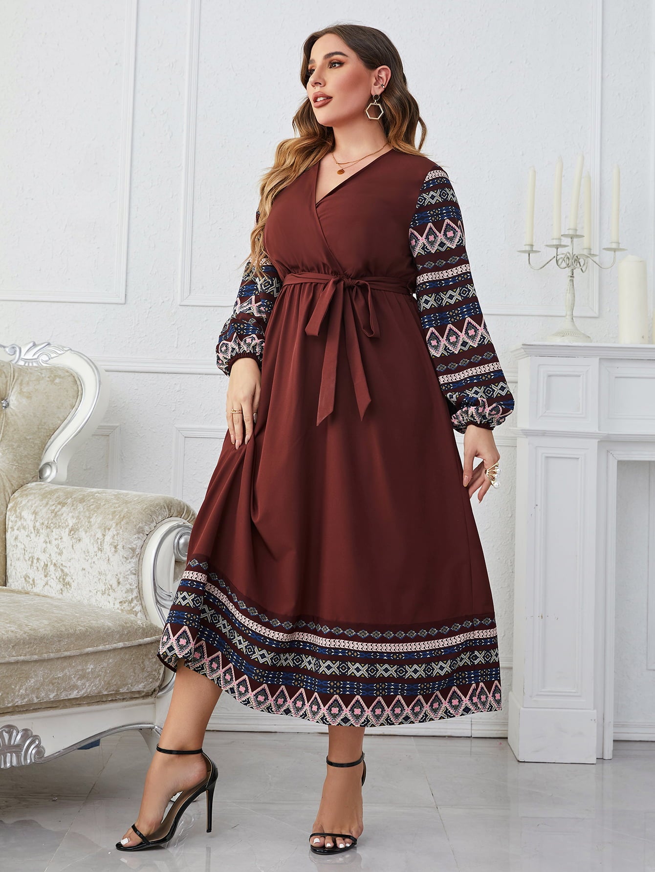 Plus Size Surplice Neck Tie Belt Balloon Sleeve Dress