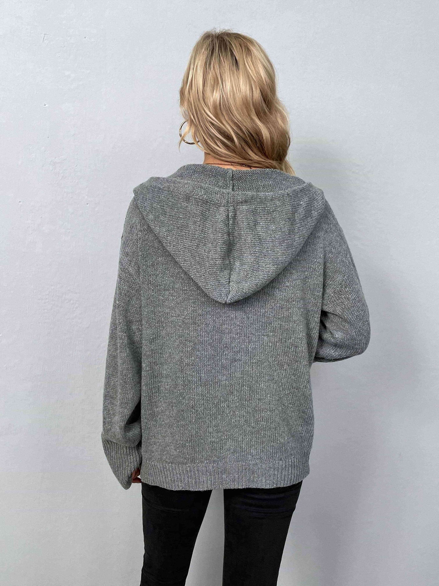 Button-Down Long Sleeve Hooded Sweater | Solid Sweater With Ribbed Cuffs