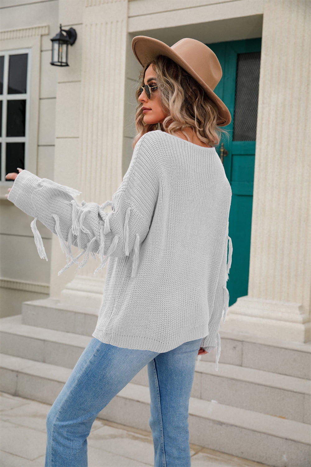 Ribbed Round Neck Fringe Detail Sweater | Solid Acrylic Sweater With Long Sleeve