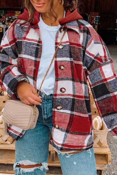 Plus Size Plaid Button Up Hooded Jacket | Polyester Jacket With Long Sleeves