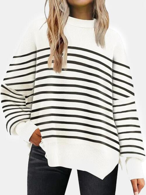 Round Neck Drop Shoulder Slit Sweater | Woman's Casual Stretchy Ribbed Sweater
