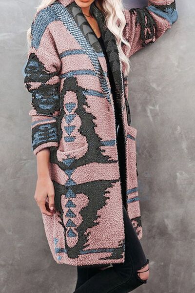 Geometric Open Front Pocketed Cardigan | Acrylic Cardigan With Single Button