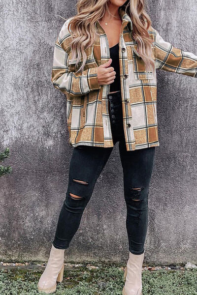 Plaid Pocketed Dropped Shoulder Coat | Casual Buttoned Coat With Collar Neck