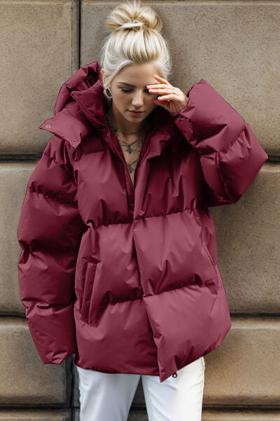 Pocketed Zip Up Hooded Puffer Jacket | Solid Polyester Jacket With Long Sleeves