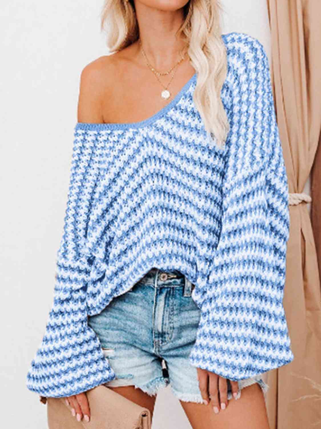 Striped Drop Shoulder V-Neck Sweater | Casual Open Work Relaxed Fit Sweater