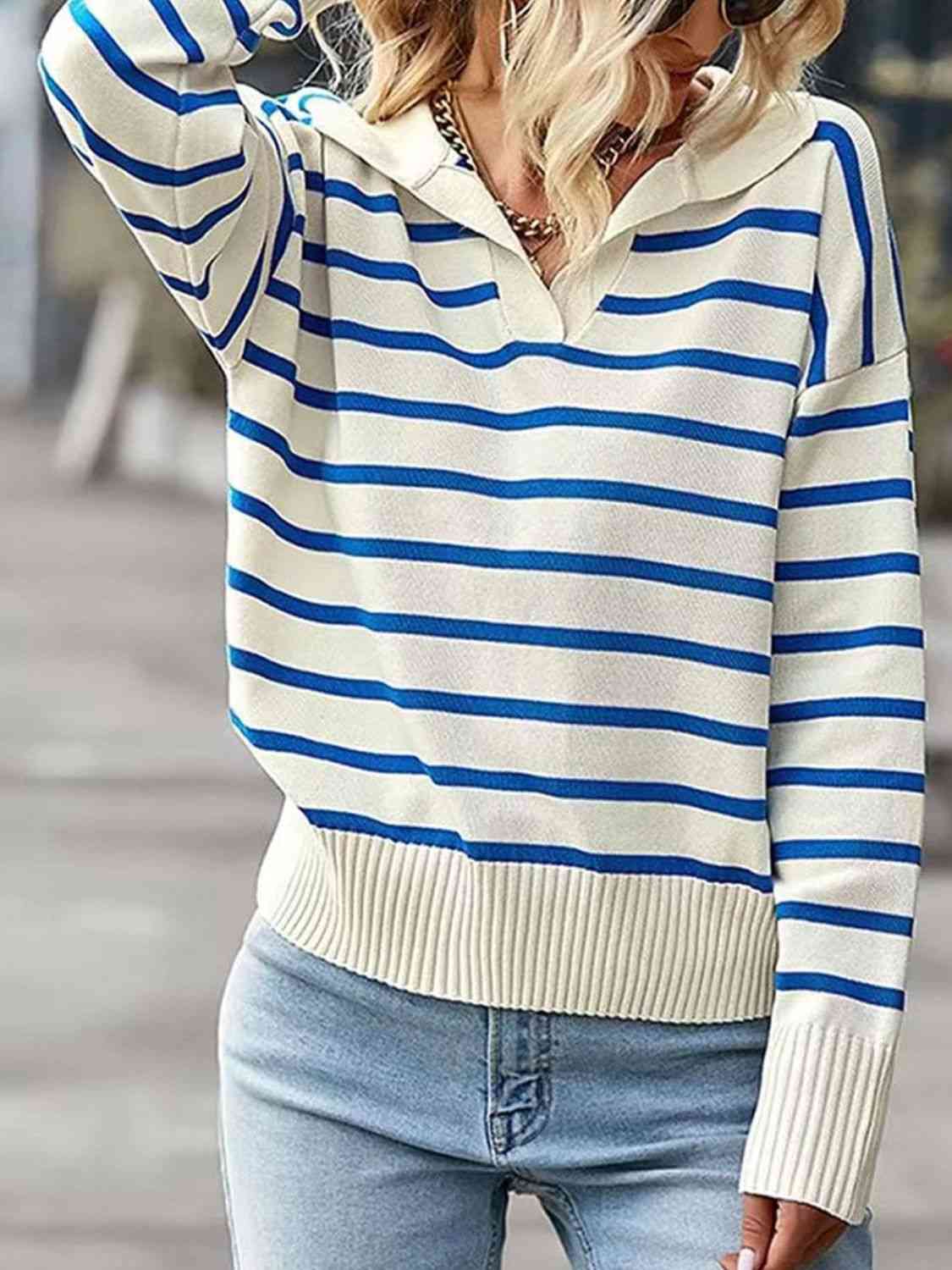 Striped Collared Neck Knit Top | Polyester Top With Ribbed Hem And Sleeves