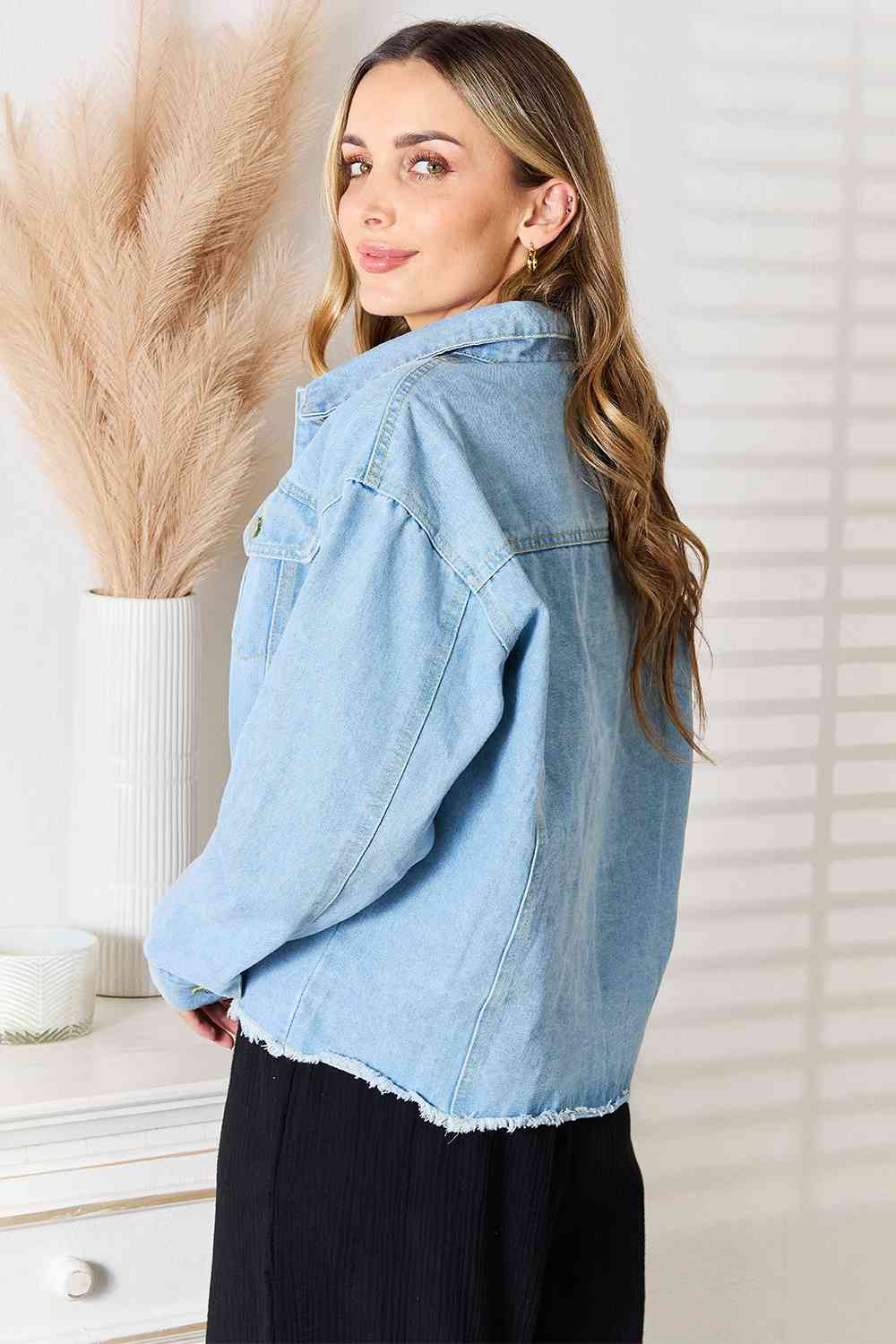 Double Take Dropped Shoulder Raw Hem Denim Jacket | Collared Casual Jacket