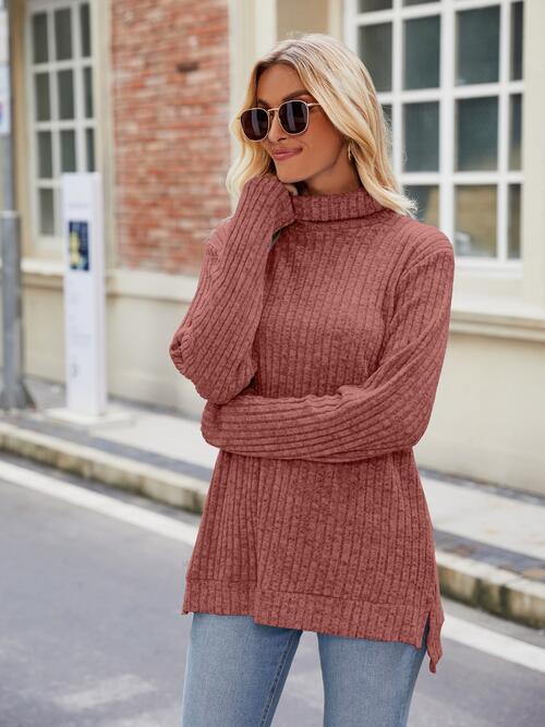 Ribbed Turtleneck Long Sleeve Slit Knit Top | Casual Solid Woman's Rayon Top