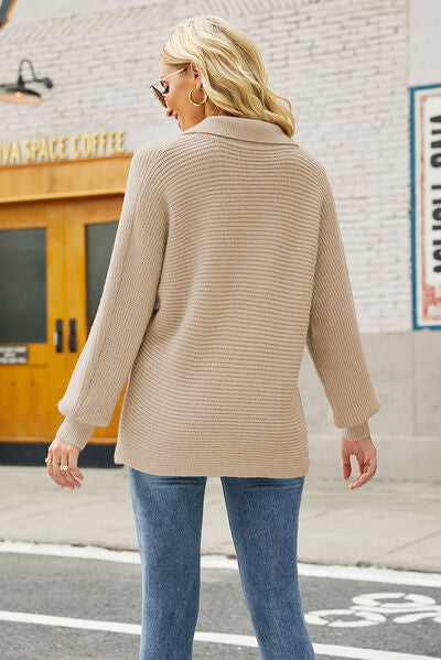 Ribbed Johnny Collar Pullover Sweater | Woman's Sweater With Cuffed Sleeves