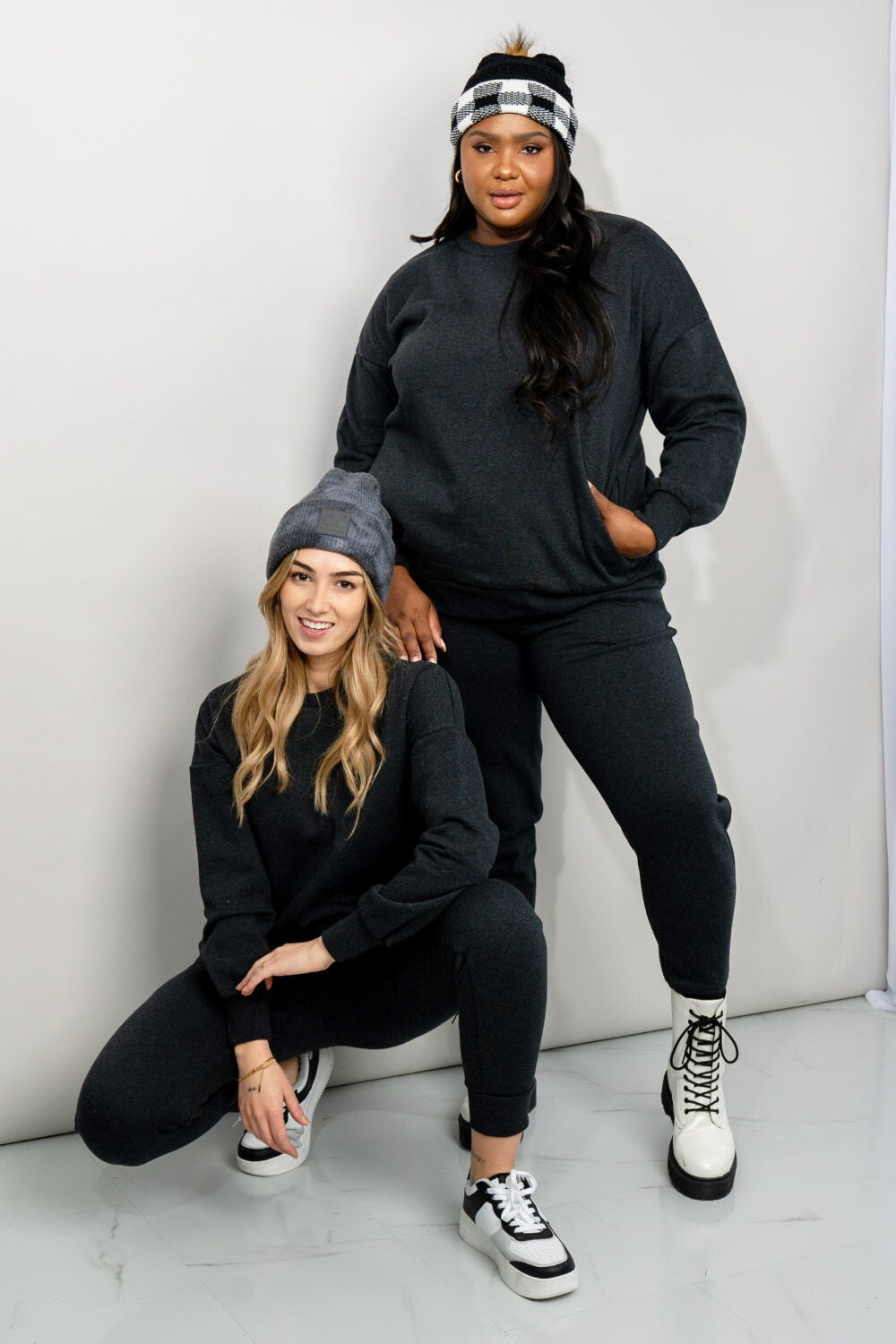 Zenana Full Size Sweatshirt and Joggers Lounge Set with Pockets in Charcoal | Dark Grey Plus and Regual Size Sporty Set | Soft Homewear daycasual..com