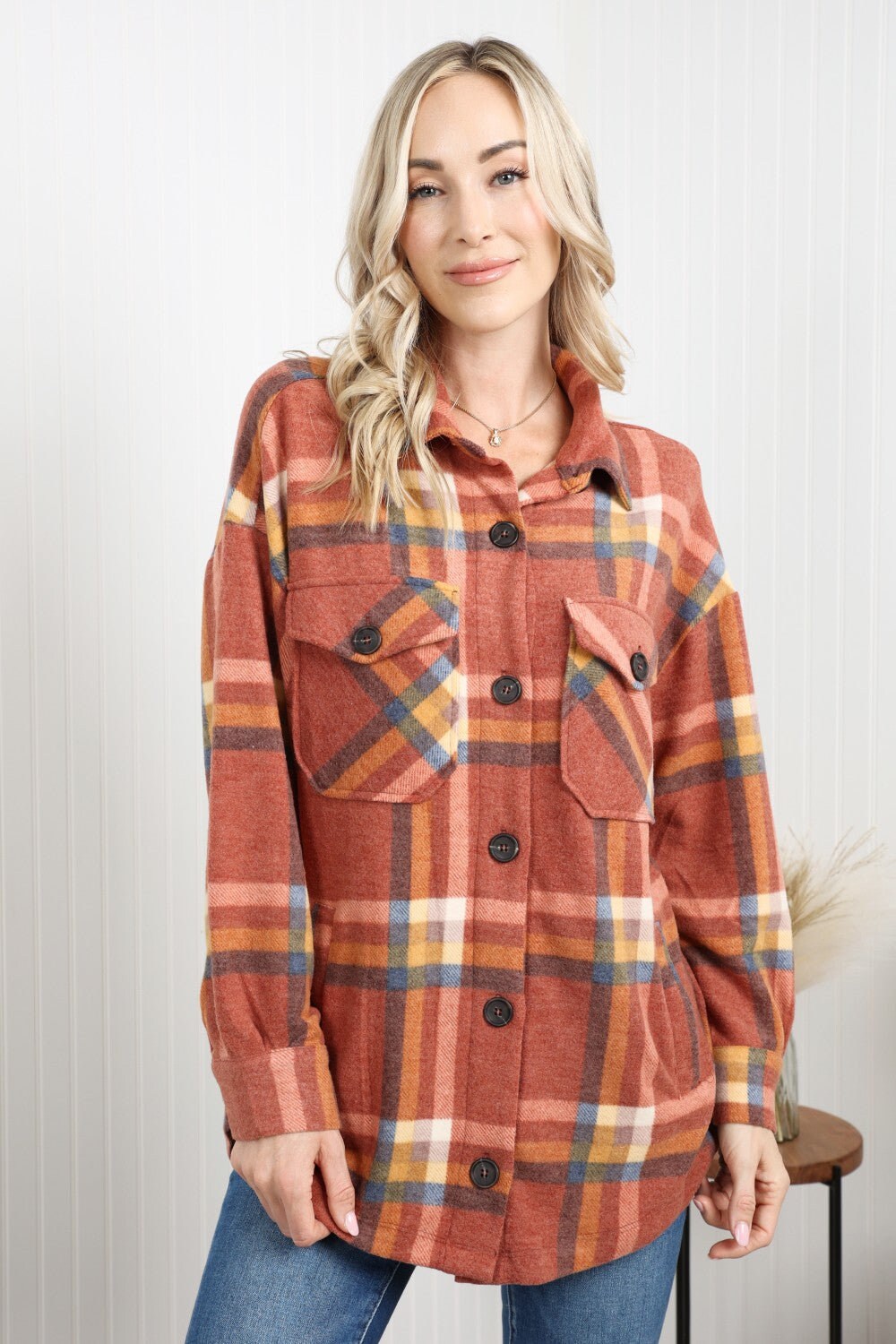 Zenana Pumpkin Spice Plaid Shacket in Rust | Plaid Shacket w/ Pockets | Long Sleeve Casual Warm and Cozy Autumn and Winter Plaid Jacket | daycasual..com