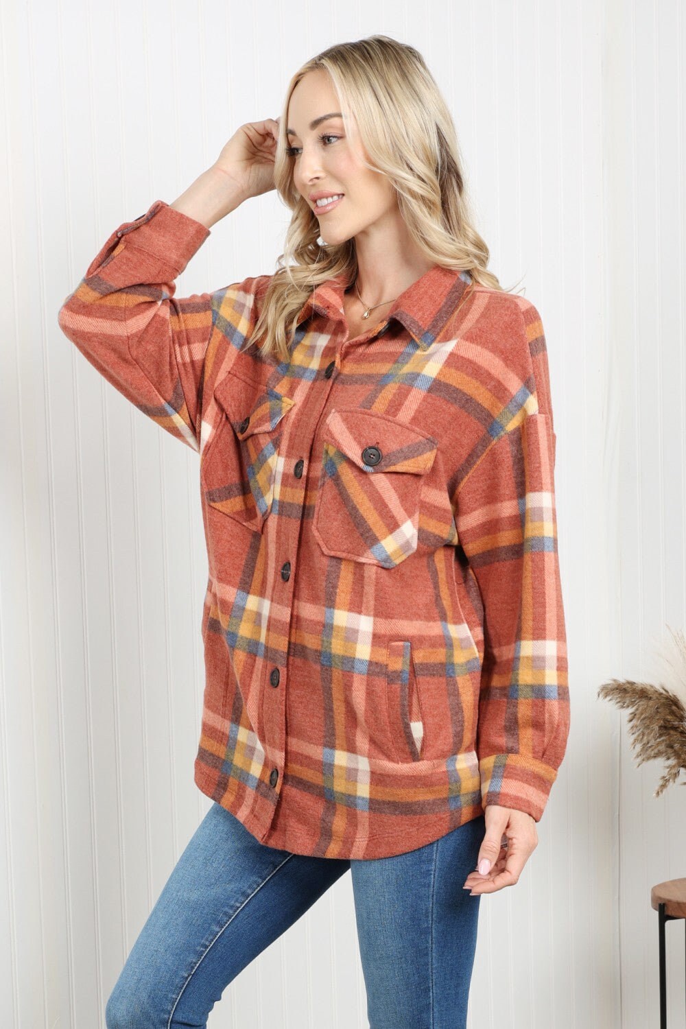 Zenana Pumpkin Spice Plaid Shacket in Rust | Plaid Shacket w/ Pockets | Long Sleeve Casual Warm and Cozy Autumn and Winter Plaid Jacket | daycasual..com