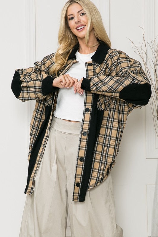 Oversized Elbow Patch Shacket | Leopard Plaid Beige and Black Casual Bomber | Elongated Plaid Trendy Modern Shacket | Long Sleeve Shirt daycasual..com