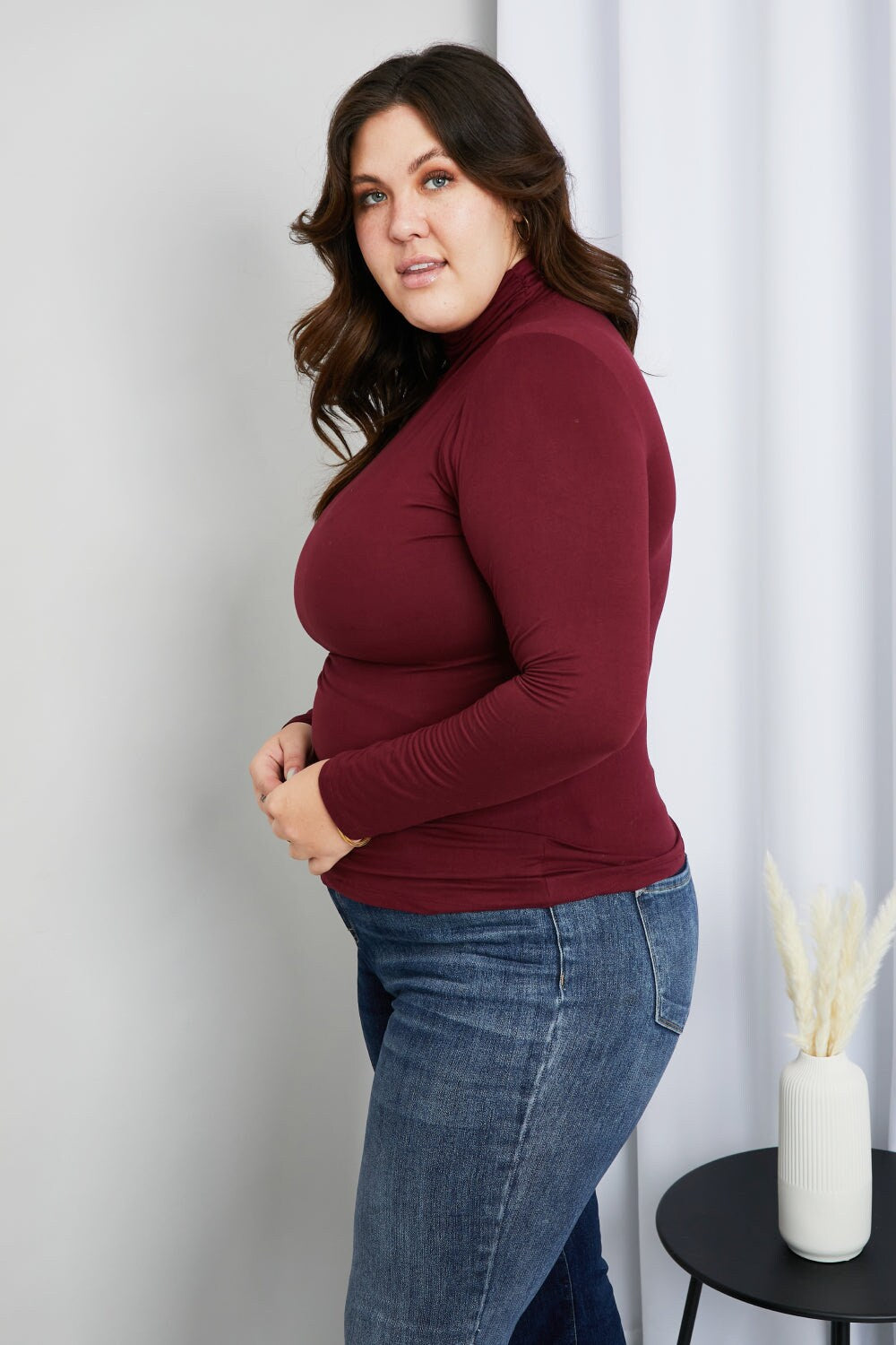 Zenana Better Odds Full Size Microfiber Turtleneck Top in Burgundy | Dark Red Warm Soft Cozy Winter and Autumn High Neck Women Sweater daycasual..com