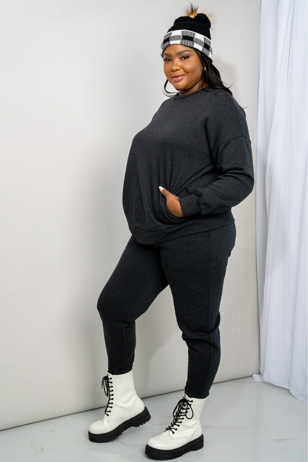 Zenana Full Size Sweatshirt and Joggers Lounge Set with Pockets in Charcoal | Dark Grey Plus and Regual Size Sporty Set | Soft Homewear daycasual..com