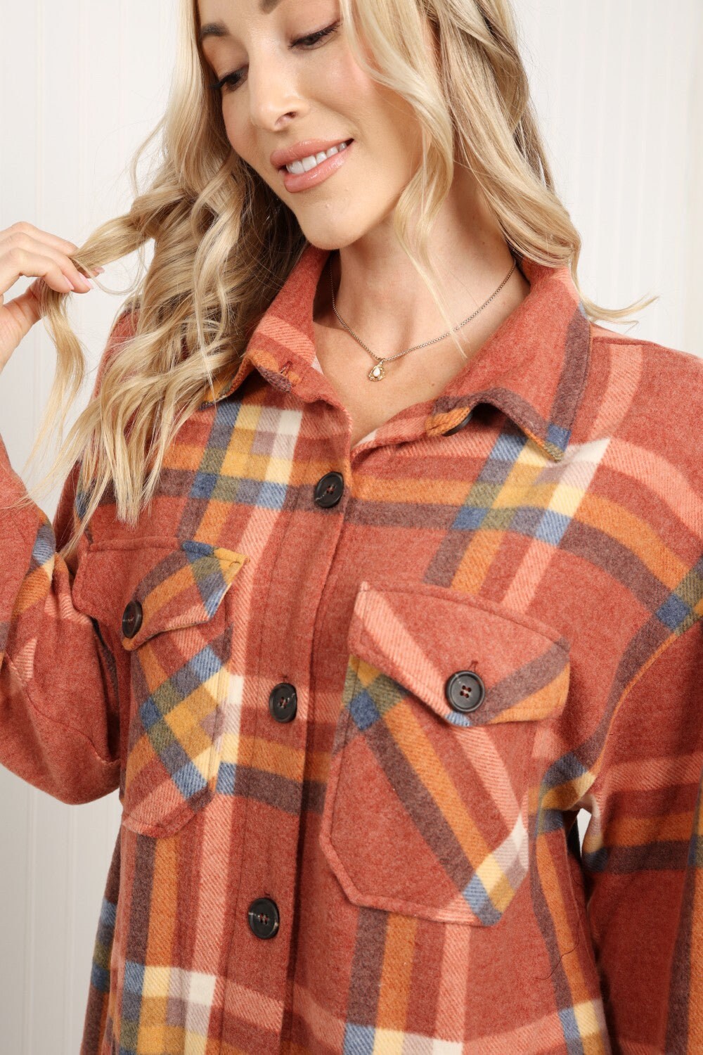 Zenana Pumpkin Spice Plaid Shacket in Rust | Plaid Shacket w/ Pockets | Long Sleeve Casual Warm and Cozy Autumn and Winter Plaid Jacket | daycasual..com