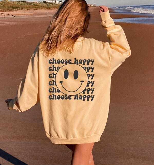 Choose Happy Cozy Soft Fit Sweatshirt | Modern Trendy Streetwear Fitted Fashionable Sweatshirt | Long Sleeve Loose Oversize Top | daycasual..com