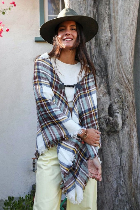 Leto Vintage Darling Plaid Flannel Poncho with Toggle Closure daycasual..com